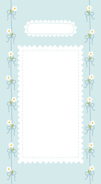 Daisy vertical background vector for social media stories. Cute blue floral frame template with flirty bows on scalloped napkin paper for phone wallpaper, modern doodle planner design.