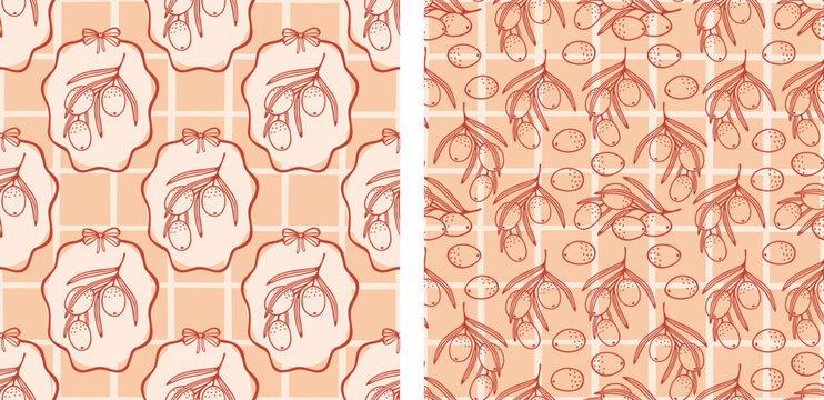 Mediterranean summer seamless pattern set, olives, minimalistic vector patterns