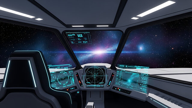 Futuristic White Spaceship Cockpit Interior with Large Circular Window Overlooking Deep Space Cosmos Galaxy, Advanced Science Fiction Spacecraft Bridge Design for Video Game Frame Background.