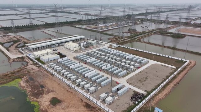 Large-scale energy storage station connected to wind farm and power grid infrastructure
