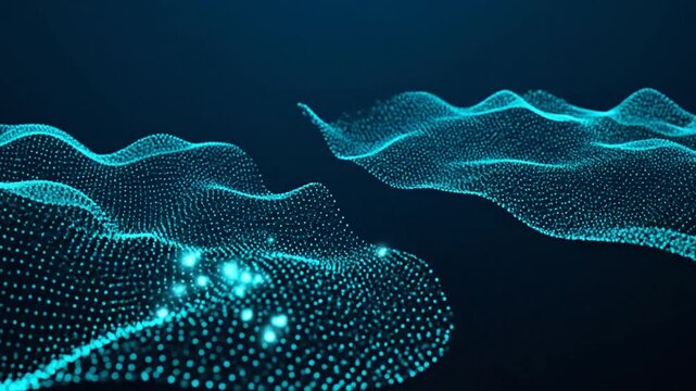 Dual blue particle mesh waves floating in dark space.