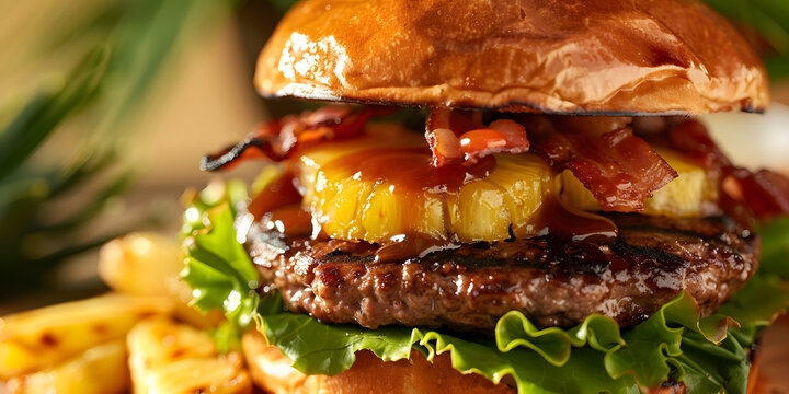 Gourmet luau burger features caramelized pineapple and teriyaki sauce with tropical background