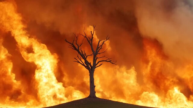 Static shot of lone leafless tree silhouetted as wildfire flames engulf grassy hill with towering smoke and blazing firefront in rural landscape