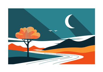 A lone tree with vibrant orange foliage stands prominently in a stylized landscape. © Jepry