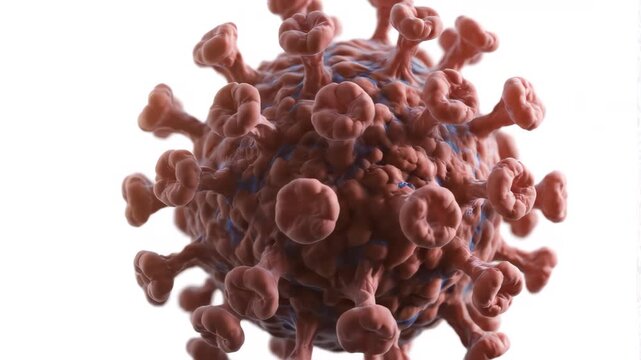 A 3D rendered coronavirus particle slowly rotates revealing its spherical shape and spike proteins