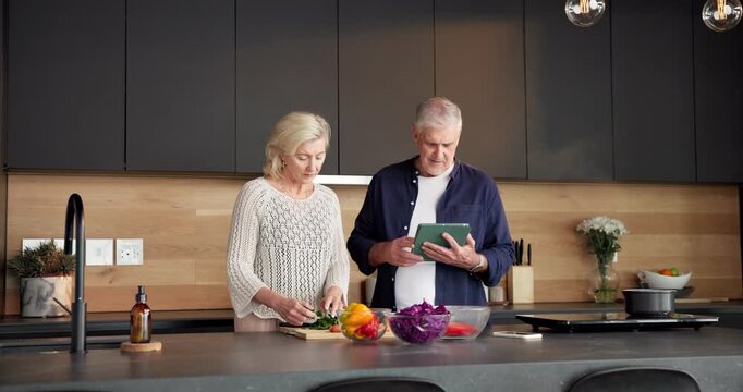 Cooking, recipe or old couple in kitchen with tablet, food blog or bonding together with meal prep. Digital, help or senior people in house with tech, online tutorial or connection in culinary hobby.