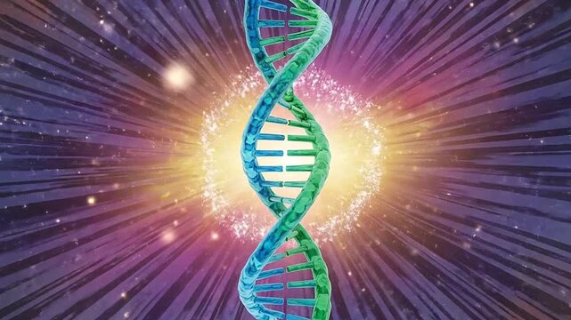 A glowing double helix structure floats against a vibrant cosmic background