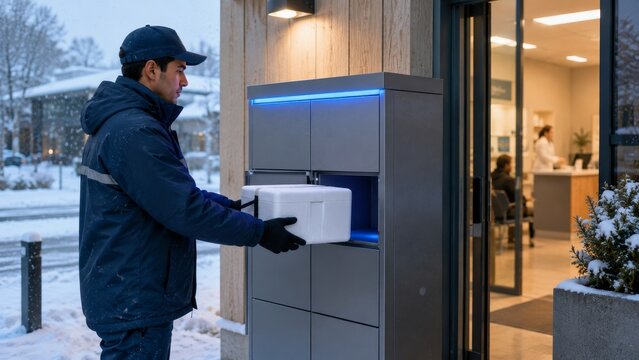 Courier placing parcel into outdoor automated delivery locker