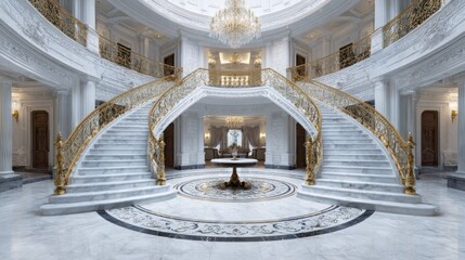 Fototapeta premium Grand interior foyer showcases sweeping dual marble staircases with ornate golden railings leading to an upper level balcony