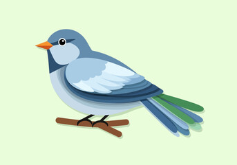 Cute Blue Bird Perched on a Branch with Green Tail Feathers. © Jepry