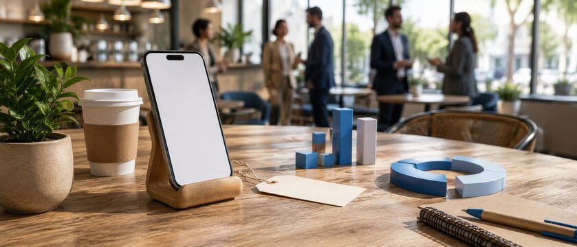 Smartphone mockup on cafe table with business charts and coworkers