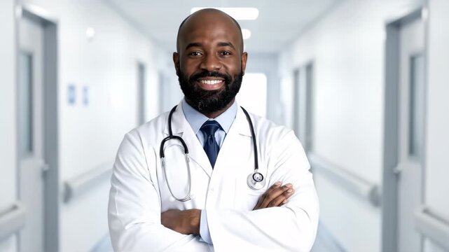 A Black man doctor in a white lab coat with a stethoscope smiles broadly at the camera