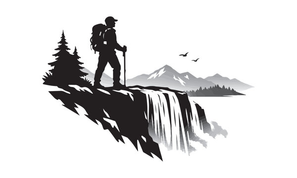 Lone adventurer standing at edge of waterfall cliff in summer mountains