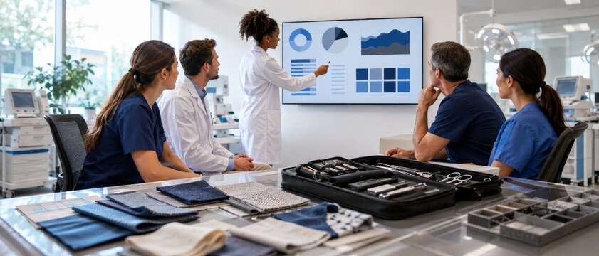Medical team reviewing charts in modern hospital meeting room