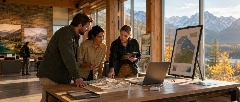 Team reviewing topographic model and maps in mountain visitor center