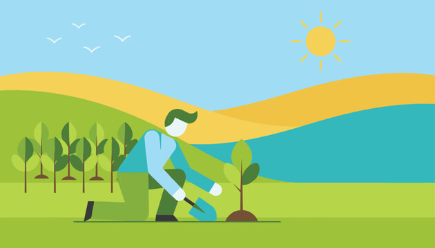 Dedicated environmentalist planting a young tree sapling using a shovel on a sunny green hill with flying birds.