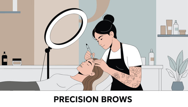 Professional microblading artist performing precision eyebrow treatment on a client lying down in a beauty salon.