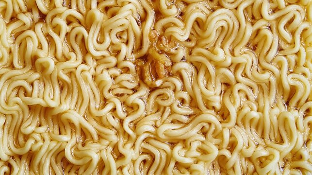 Close Up Macro Shot of Instant Noodles in Savory Broth, Food Texture Background