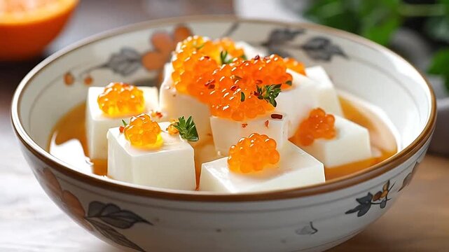 A bowl of soft white tofu cubes topped with bright orange fish roe and fresh herbs