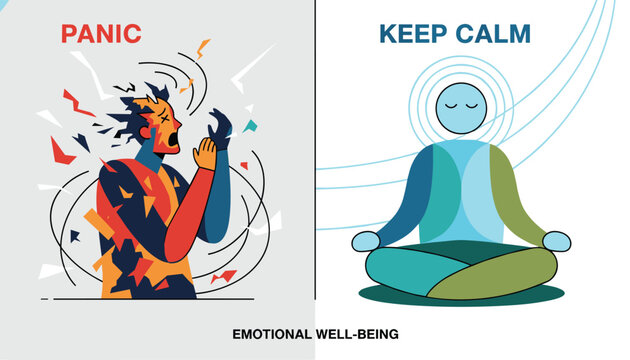 Comparative graphic showing a panicking person next to a calm meditating figure for emotional well-being.