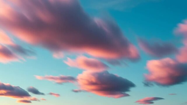 Soft pink clouds drift across a vibrant blue sky during the golden hour