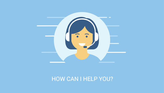 Friendly female customer support agent wearing a headset smiles inside a circular icon with helpful text underneath.