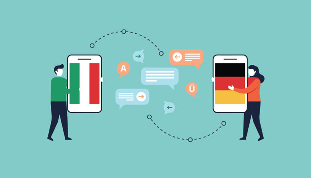 Two people hold smartphones with Italian and German flags, demonstrating a translation app with floating speech bubbles.