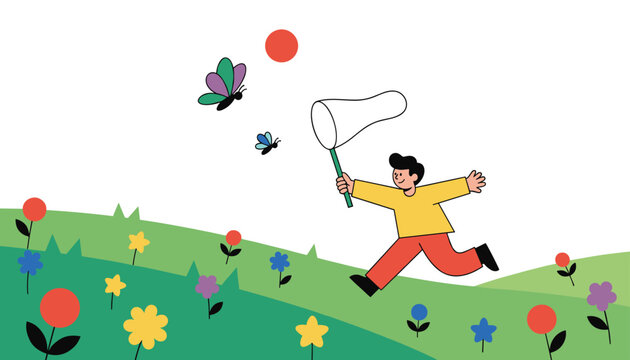 Happy boy runs across a grassy green hill, holding a net to catch colorful butterflies on a sunny spring day.