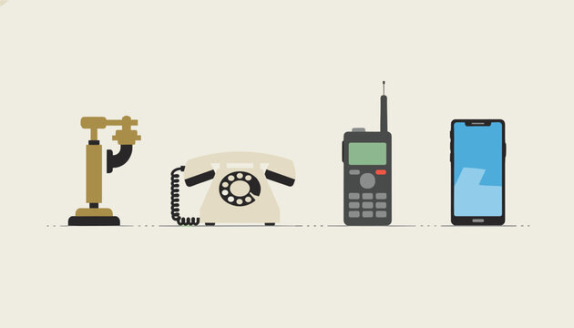 Visual timeline illustrating the evolution of communication tools from an old candlestick phone to a modern smartphone.