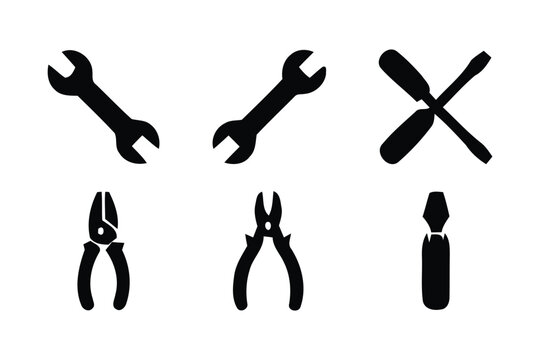 Collection of six tool icons with wrenches pliers and screwdrivers on white background