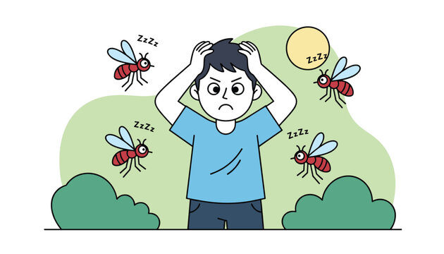 Young man holds his head in frustration as several annoying mosquitoes buzz around him in a green grassy field.