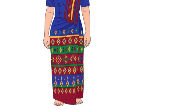 Woman Wearing Traditional Myanmar Longyi Skirt