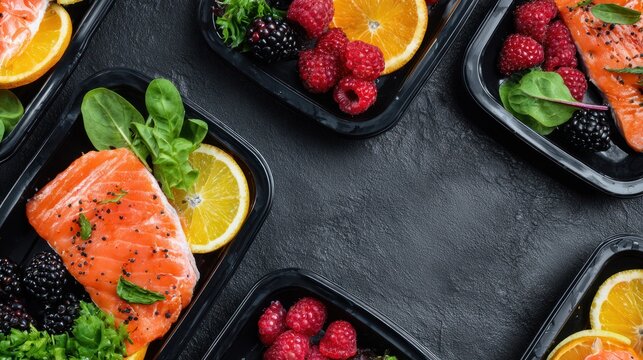 Several prepackaged meal containers display salmon portions served with fresh berries and citrus slices