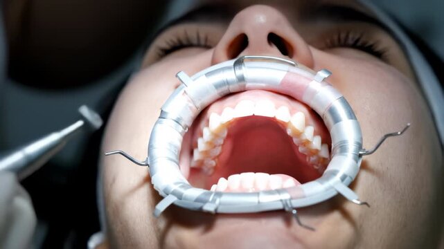 A dental professional uses a handpiece to polish a patient's upper front teeth during a dental