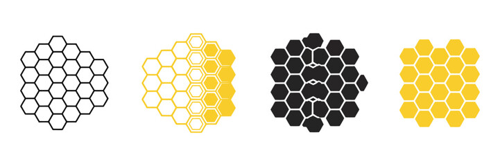 bee honeycomb icon set, honeybee and hexagonal hive pattern symbols, beekeeping and natural honey production concept, clean modern vector illustration. © Gary K. Cleveland