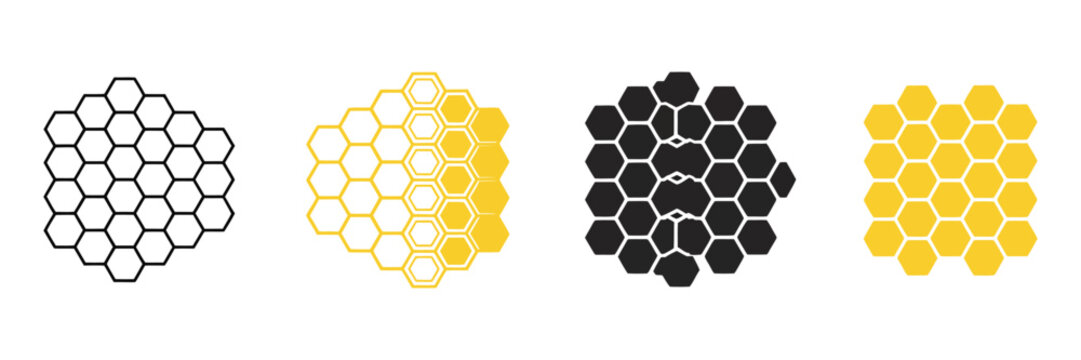 bee honeycomb icon set, honeybee and hexagonal hive pattern symbols, beekeeping and natural honey production concept, clean modern vector illustration.
