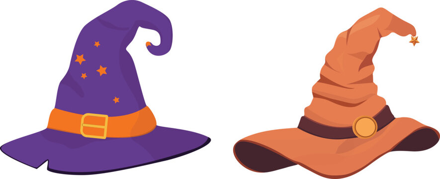 Cartoon witch hats in purple and orange for halloween or magic themes