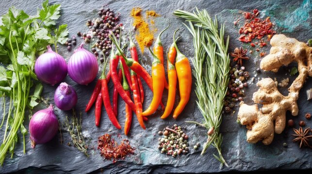 Vibrant Assortment of Fresh Spices, Chili Peppers, Onions, and Herbs Laid Out on a Dark Stone Surface