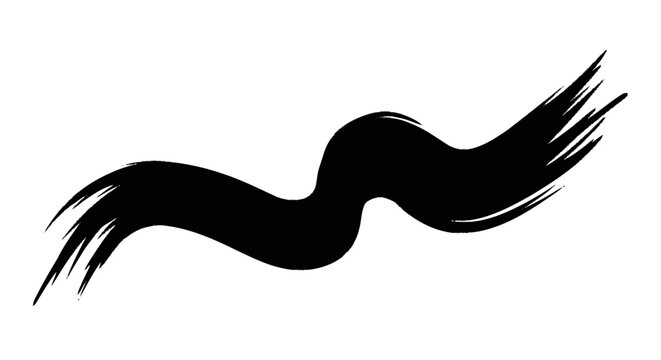 Bold black curved brushstroke with textured edges and multiple sharp t