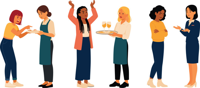Angry customers complaining to restaurant waitress and hotel staff vector character set showing hospitality service complaints, bad food experience, and conflict scenes
