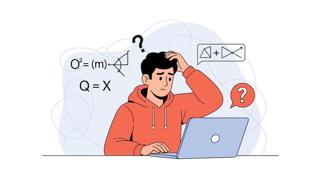 Confused student or programmer with laptop and complex formulas, struggling with problem-solving and learning