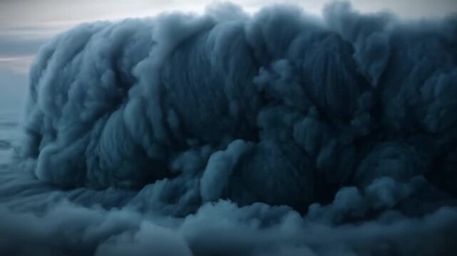 Aerial tracking slow motion pan of towering storm cloud wall rolling over ocean horizon at twilight with dense mist and volumetric texture
