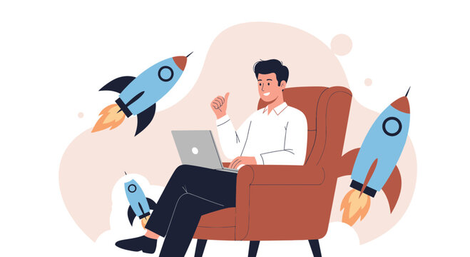 Man in Armchair Working on Laptop with Rockets Launching - Symbolizing Success, Startup, and Innovation
