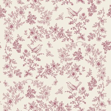 Toile de Jouy is a seamless pattern of individual garden flowers, plants, and berries in traditional French style. This vintage-style illustration is perfect for wedding designs, birthdays, branding