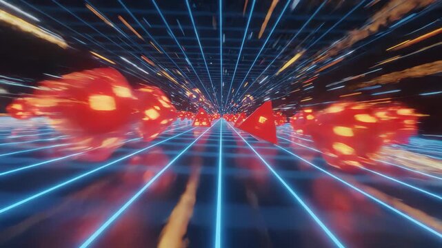 Abstract motion graphics showing a complex digital grid with glowing data points representing obstacles in a virtual driving simulation