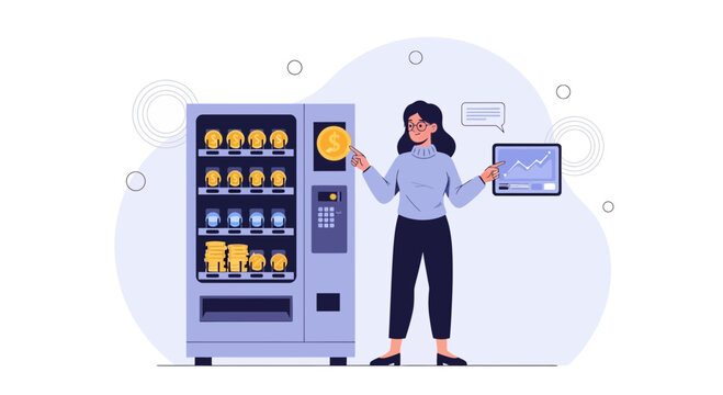 Woman with Vending Machine and Financial Growth Chart - Business Investment and Profit Concept
