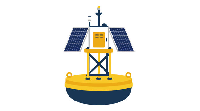 Yellow boat with solar panel rig and buoy style vessel.