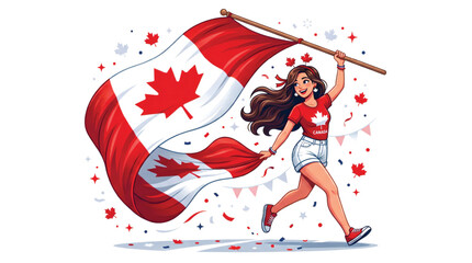 Obraz premium Canadian woman joyfully running with the national flag and confetti celebrating a national holiday