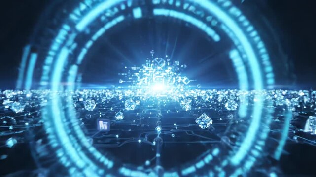 Cinematic camera movement through a digital field of glowing augmented reality icons and shimmering geometric data nodes in a dark virtual space