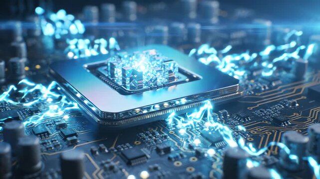Cinematic close up of a futuristic glowing processor unit emitting radiant energy waves across a detailed circuit board surface